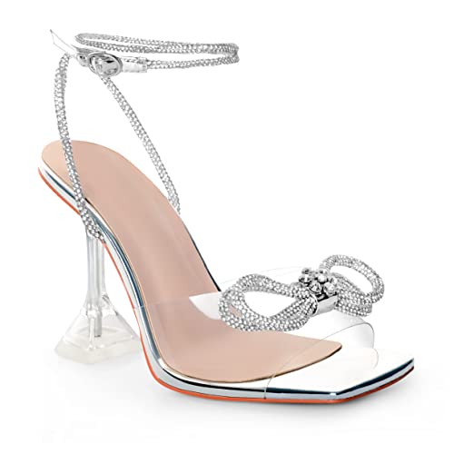 Image of ANN CREEK Women's Heeled Sandals Double Bowknots Crystal Heels Sandals Clear Slingback Heels Square Toe Shoes for Party Wedding Dating, Silver, 8 UK