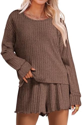 ANRABESS Women's 2 Piece Lounge Pajama Sets Casual Ribbed Long Sleeve Top Matching Shorts Sleepwear PJ Set 2025 Fall Outfits