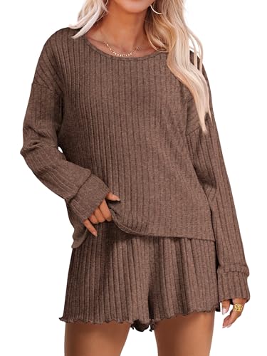 ANRABESS Women's 2 Piece Lounge Pajama Sets Casual Ribbed Long Sleeve Top Matching Shorts Sleepwear PJ Set 2025 Fall Outfits