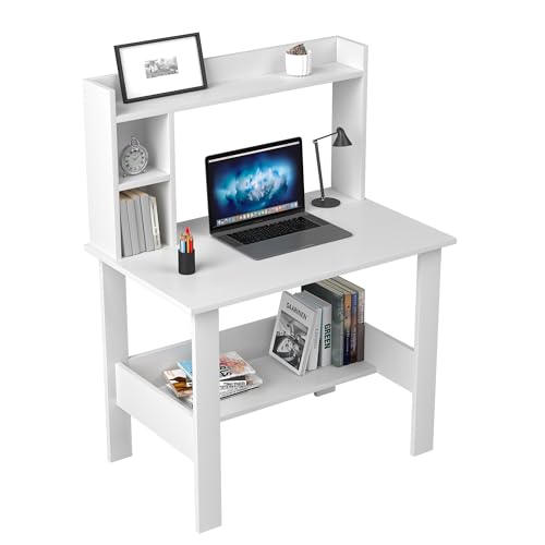 Image of Callas ST-40 Wooden Study Table with Hutch & Bottom Storage - Multi-Purpose Office Desk for Laptop, Computer, Writing & Study - Durable Engineered Wood Workstation for Home & Office (White, ST-40)