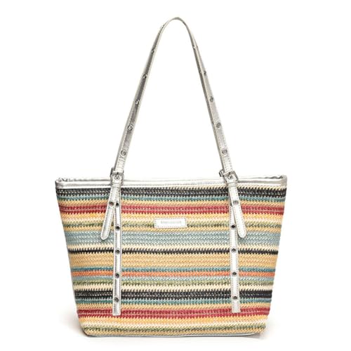 UKETO Bolsa de paja de color para mujer, gran capacidad, de ganchillo, playa, patchwork, minimalista, para verano, diario, color, 410.00x260.00x120.00mm/16.14x10.24x4.72inch