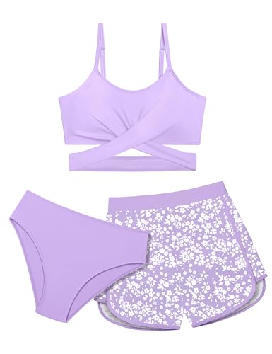 Image of Girls Swimsuit 3 Piece Bathing Suit Criss Cross Bikini Set Girls' Swimwear with Shorts 7-16T