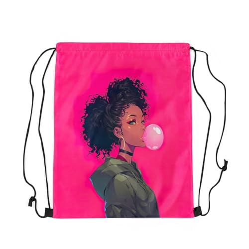 Image of jejeloiu Cool Black Drawstring Backpack 13x15.7inch African American Waterproof Gym Drawstring Bags Pink Sports String Backpack Beach Swim Travel Bag Sackpack(No Glitter)