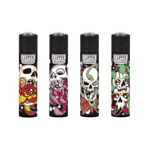 4 x Clipper Lighters Gas Lighter Refillable You get all 4 NEW (SKULLS N FLOWERS ) Cover