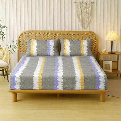 Image of Designer Floral Printed Flat Bedsheet for Double Bed 200tc to 220tc | Ultra Soft Cotton Fabric | King /Queen Size Top Sheet with 2 Matching Pillow Covers - 228 x 228 Cm, Grey White
