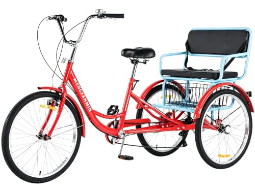 Image of Adult Tricycle Foldable with Child seat 3 Wheel Bicycle for Ladies Tricycle with Basket with Back seat 20 /24in Bikes Maximum Load 550lbs Shock Absorbing Fork Adult-Unisex (Red + Blue)