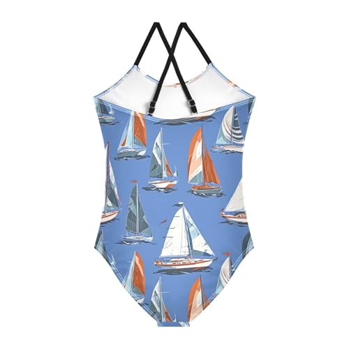 Sailboat Pattern Girls One Piece Swimsuits Summer Quick Dry Beach Bathing Suit2