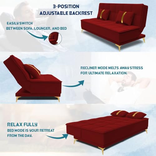 Image of Adorn India Premium New Alyssum 3 Seater Sofa Cum Bed 4X6 Velvet Suede with 2 Cushions (Color Red) and Suitable for All Indoor, with 3 Years Warranty