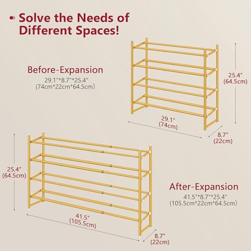 Image of Tajsoon Expandable Shoe Rack for Closet 4 Tier, 29 inch-41 inchAdjustable & Stackable Shoe Shelf Storage, Metal Shoe Rack Organizer for Front Door Entrance, Closet, Garage, Entryway, Gold