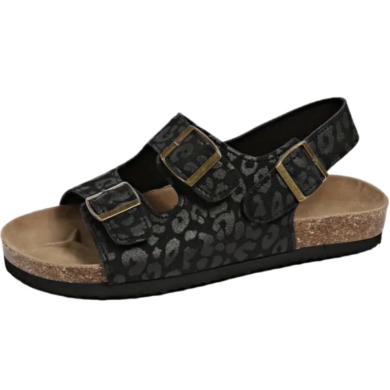Large-sized women's leopard print thick-soled sandals - Adjustable buckle and toe opening design, artificial leather fabric and rubber outsole, suitable for casual or formal wear, durable