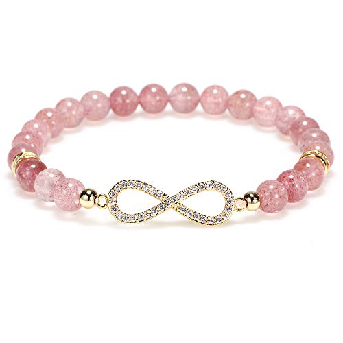 POSHFEEL 8mm Crystal Infinity Love Bracelet Strawberry Quartz Beaded Endless Bangle for Women Couple 7.5