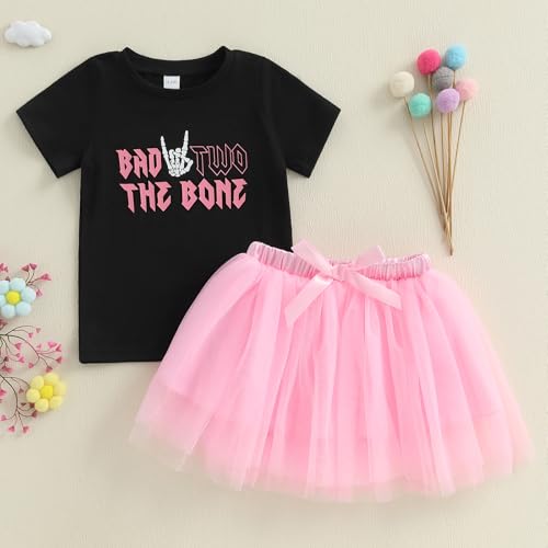 2nd Birthday Outfit Girl Baby Short Sleeve Bad Two The Bone Shirt Mesh Tulle Skirt Cute Birthday Clothes 2Pcs2