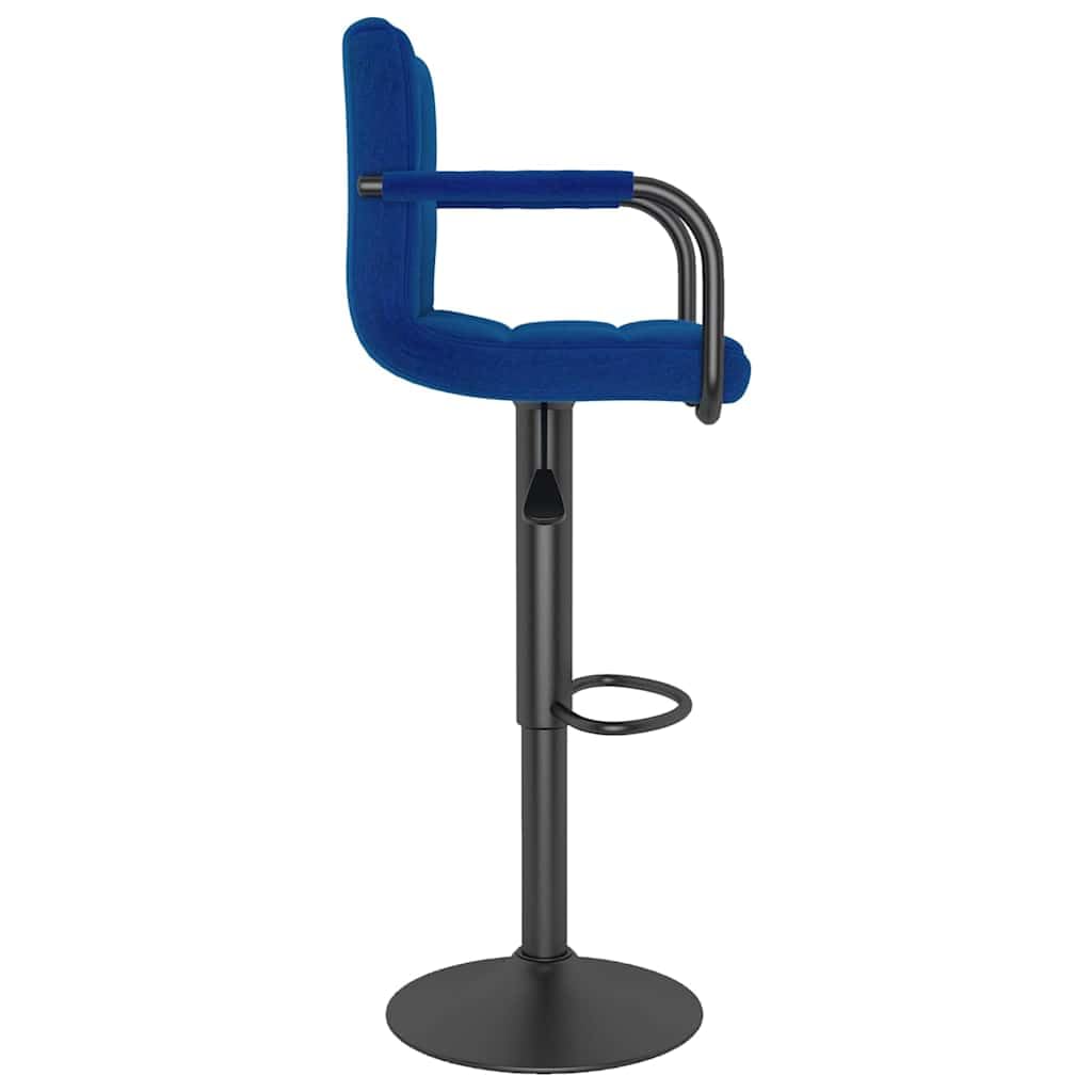 Taburete de bar de 2 unidades, tela azul con respaldo, reposabrazos, altura regulable y giratoria, acero con recubrimiento en polvo, reposapiés, ideal para cocina, comedor, bar y mostrador