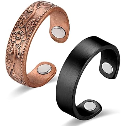 Vicmag 2PCS Magnetic Copper Rings for Women with 3500 Gauss Magnets 100% Solid Pure Copper Adjustable with Jewelry Gift Box (Simple & Flower, Black & Copper Flower) Cover