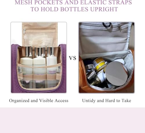 Image of BAGSMART Toiletry Bag for Women, Travel Toiletry Organizer with hanging hook, Water-resistant Cosmetic Makeup Bag Travel Organizer for Shampoo, Full Sized Container, Toiletries, Purple, Medium, Basic /Leisure