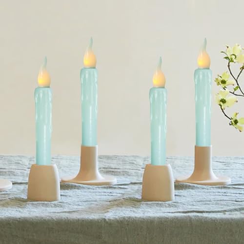 Image of Real Wax LED Flameless Short Taper Candles with Remote, 6.7 Inches Blue Candlesticks, Dripless Battery Operated Flame Rustic Primitive Flameless Spring Candles for Home, Pack of 4