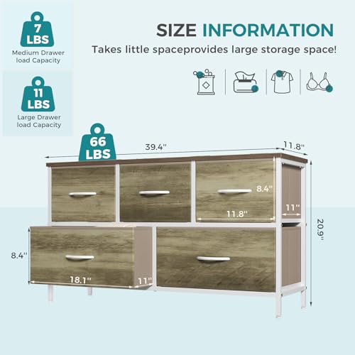 Image of OLIXIS 5 Drawer Dresser for Bedroom, Storage Organizer Unit for Closet | Chest of Drawers for Clothes Storage with Bins, Wide Fabric Bedroom Dresser, Wooden Top, Living Room, Greige Oak