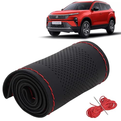 Image of KINGSWAY PU Leatherite Car Steering Cover Sewable Compatible with Tata Harrier (Year 2023 Onwards), Black Color with Red Thread, Pack of 1 with Sewing Needle and Thread