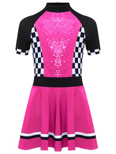 renvena Girls Race Car Driver Jumpsuit Glitter Racer Dress Checkerboard Printed Sequins Tutu Dress