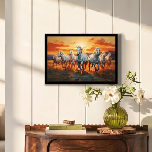 Image of PAINTINGMANTRA 7 Running Horses Vastu Framed Wall Art Painting For Living Room, Seven White Horses Poster with frame for Wall, Decoration item for bedroom, 10x13 Inch