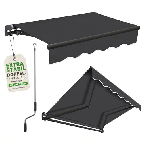 Sekey Gelenkarmmarkise mit Handkurbel, 0-53° stufenlos neigbar, Doppel-Stahlseilzug, 280g/m² Polyester wasserdicht, Sonnenschutz