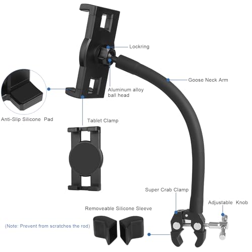 Mippko Tablet Holder for Treadmill/Elliptical/Spin Bike/Peloton/Indoor Cycle,Gooseneck Arm Super Crab Clamp Mount Compitable with 4.7~12.9\" iPad/Nexus/LG G Pads/e-Reader/Switch/iPhone