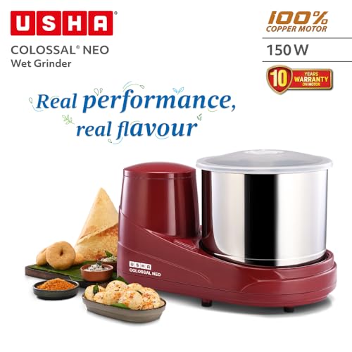 Image of USHA Colossal Neo 2 litres Table-Top Wet Grinder, 150W 100% Copper Motor, Dual Stones, Stainless Steel Drum, 10 Years Warranty on Motor, Free Home Service (Cherry Red)