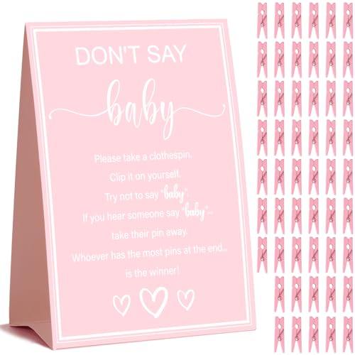 Juavlonle Baby Shower Games for Girl Dont Say Baby Game 1 Sign and 52 Mini Pink Clothes pins Baby Shower Clothespin Game (Dont Say Baby Pink)