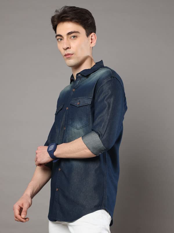 Image of STREETKING Street King Men Denim Double Pocket Casual Regular Fit Full Sleeves Shirt