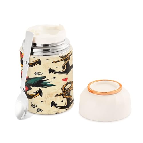 Ewusp Anchor Flowers - Termo de comida para adultos, 500 ml, acero inoxidable, doble pared, aislado al vacío, con cuchara plegable, sin BPA, recipiente de sopa a prueba de fugas