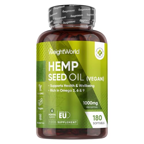 WeightWorld Cold-Pressed Hemp Seed Oil Softgels - 6 Months Supply - 180 Hemp Seed Oil Softgels - 1-a-Day - with Added Vitamin E - Non-GMO & Vegan-Friendly - Omega 3 6 9 Supplement for Women & Men
