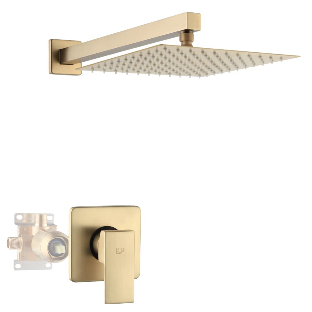 POP SANITARYWARE Shower Faucet Set Brushed Gold Bathroom Rainfall 10 Inch Shower Head System Single Handle Shower Trim Kit with Valve