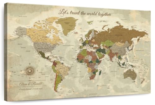 ElephantStock - Personalized Travel Together I Push Pin World Map Wall Art - Horizontal Canvas Wall Art - Living Room Wall Decor - Digital Art Map Canvas Art - Brown And Yellow Decor - 24" x 16"