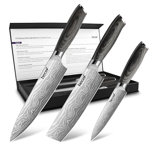 hecef Juego de Cuchillos de Cocina 3 Piezas Acero – Mangos Ergonómicos Pakkawood, Patrón Damasco Láser, Súper Afilados, Chef Nakiri Utilitario, Elegancia y Versatilidad para Todo