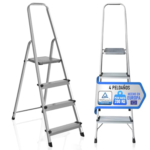 PAULAND Escalera Plegable de Aluminio 4 Peldaños - Soporte Reforzado para Máxima Estabilidad (200 kg) - Escaleras Plegables Pequeñas para Hogar, Cocina y Trabajo