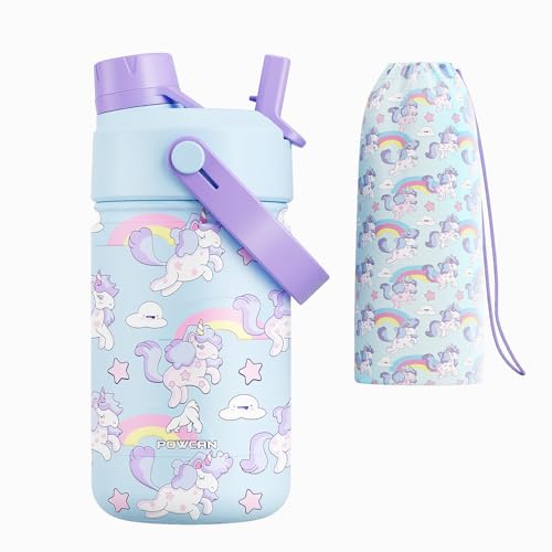 12 oz Kids Stainless Steel Water Bottle: 2-in-1 Straw Spout Lid, Leakproof, BPA-Free, Easy Clean, Keep Cold 24H, Insulated Cup with Carrier Bag for School, Travel, Playtime, Gift (Dreamy Unicorn)