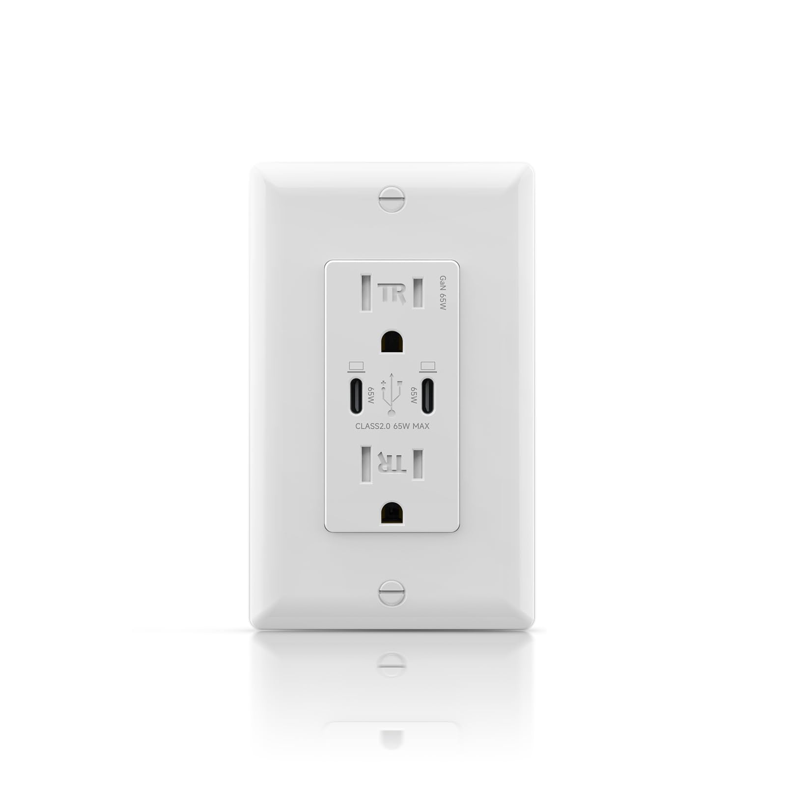 ALASTECH 65W USB C Outlet, GaN PD Charger Wall Receptacles for MacBook/Laptop, 15Amp TR Electrical Outlet with Ultra-Fast USB Ports, Wall Plate Included, ETL & FCC Listed, White, 1 Pack