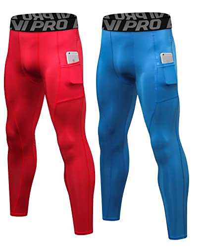 LNJLVI Sport Leggings Hombre Pantalón de Compresión Secado Rápido Pantalones Deporte Mallas con Bolsillos para teléfono (Azul-Rojo,S)