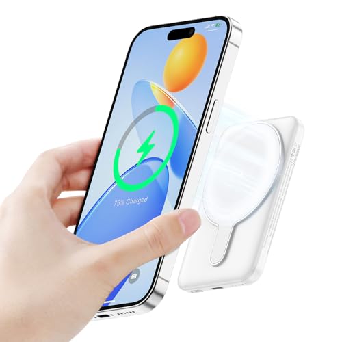 Acenew Magnetic Phone Charger 5000mAh, Wireless Portable Charger Battery Pack with Stand and Type-C, Mag-safe Power Bank Compatible with Phone 15/15 Plus/15 Pro/15 Pro Max(white)