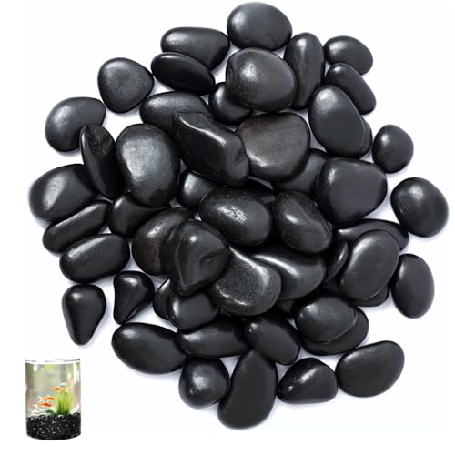 Guijarros, guijarros de río negros pulidos, guijarros de acuario negros, guijarros pulidos, para plantas de bambú, peceras, relleno de jarrones, 1-2 cm, 1 kg