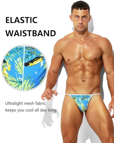 Men's Sexy G-String Thong Underwear Low Rise Mesh Printed String Bikini with Bulge Pouch Support3