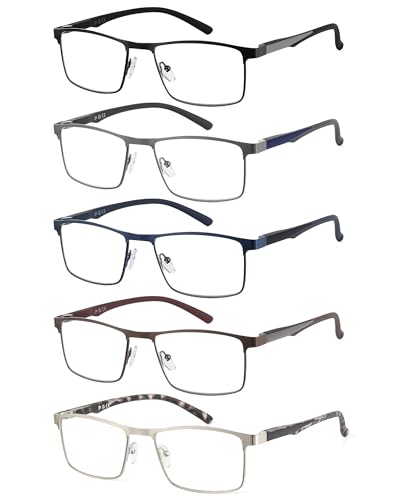 JM 5 Pack Rectangular Reading Glasses Men, Blue Light Blocking Computer Readers, Metal Thin Frame Spring Hinge Eyeglasses, 1.5+