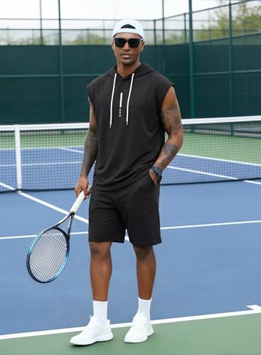 Image of Lexiart Mens Short Sets Sleeveless Workout Hooded 2 Pieces Outfits