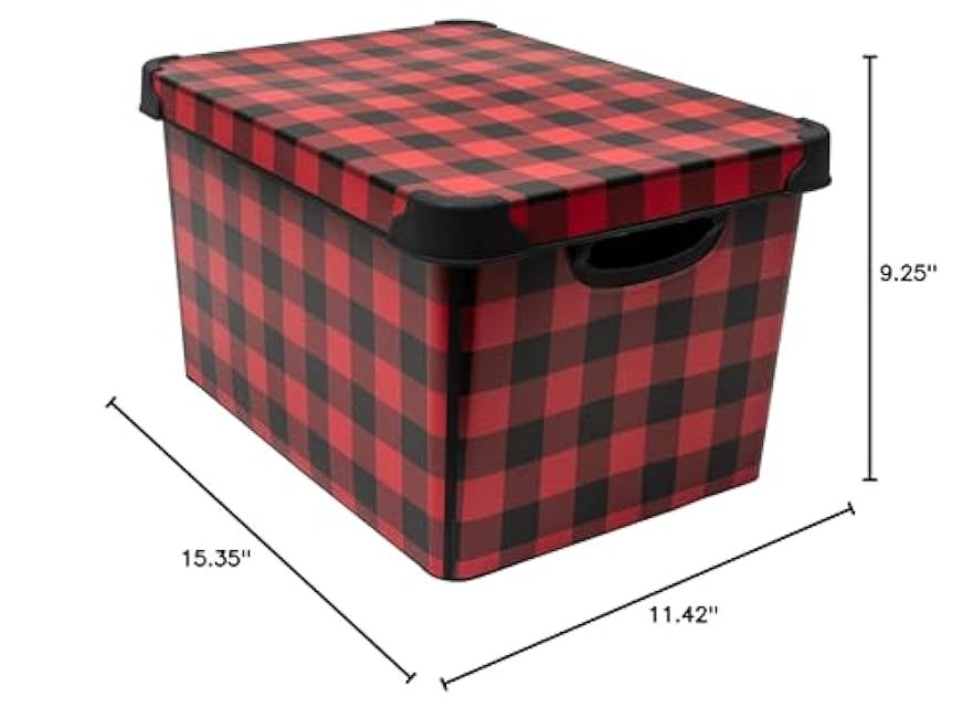 Simplify Checkered Design Storage Bin | Christmas Tote | Holiday D¨¦cor Decorations Organizer | Buffalo Plaid Design | Lidded | Stackable | Black and Red