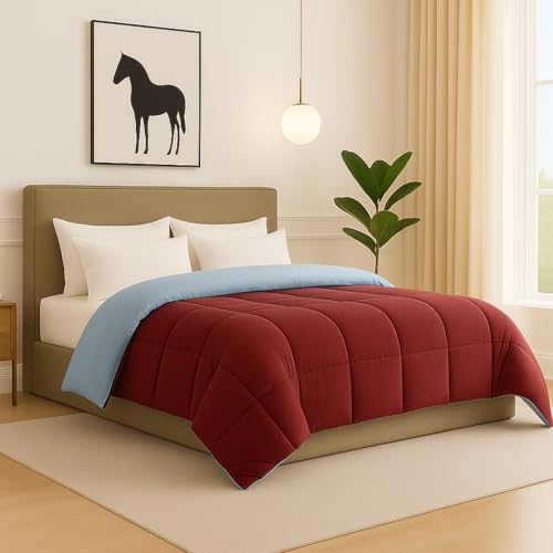 Image of Bed Comforter - Double Size - Red and Light Blue - 300 GSM Quilt Blanket Rajai - Winter Warm Down Alternative Duvet Insert with Corner Ties