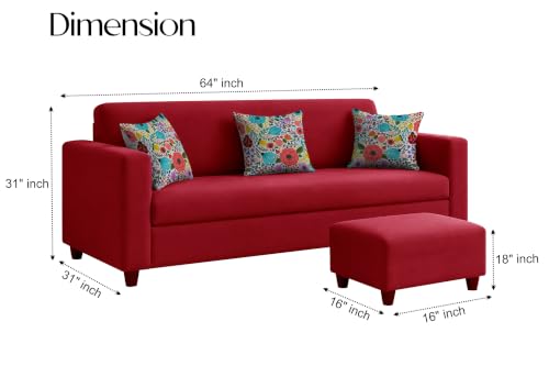 Image of Rosebell 3 Seater Sofa with Ottoman | Living Room Couch | with Printed Cushions | Sofa for Home, Apartment & Office-Red Color