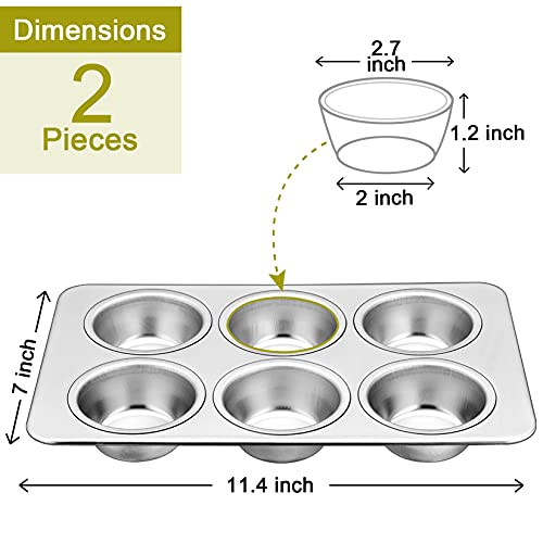 P&P Chef Muffin Pan Cupcake Pans Set Of 2, Stainless Steel Muffin Pans (6-Cups), For Mini Brownie Tart Quiches, Healthy & Durable, Quick Release & Easy Clean, Dishwasher Safe #TOP1