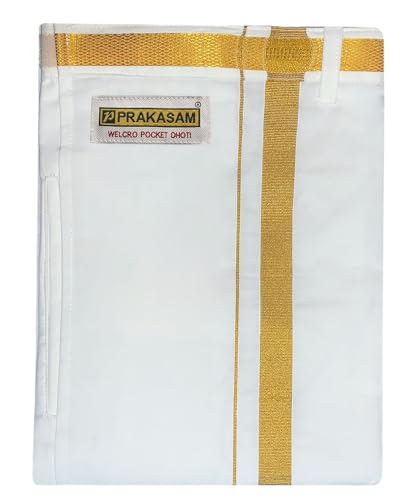 Image of PRAKASAM COTTON -Welcro pocket dhoti for mens /Jari border welcro pocket Stitched Dhoti for Mens