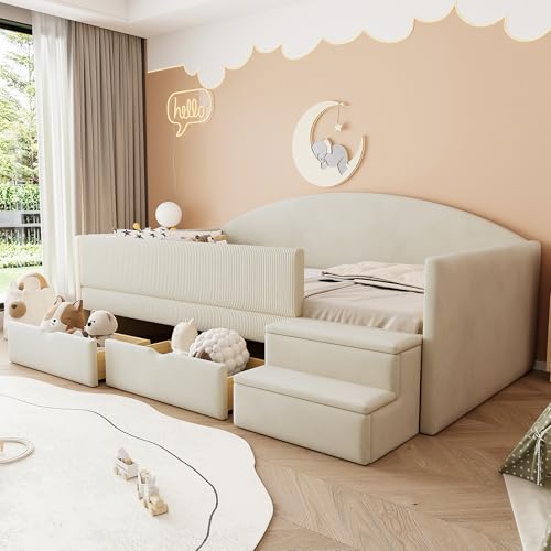 MAMAINI Cama tapizada de 90 x 190 cm, cama multifunción con dos cajones y vallas, con peldaños, tela de terciopelo respetuosa con la piel, sin colchón, beige