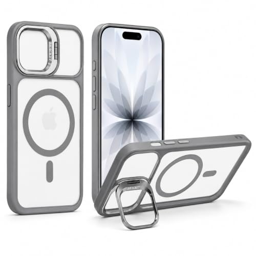 Image of MagPro ClearBack Case with Stand for Apple iPhone 17 Anti Yellow, Strong MagSafe Compatible Cover, Shockproof Armor, Scratch Resistant Polycarbonate Hard Back with Soft TPU Bumper Grey